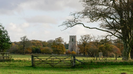A rural autumn landscape with a wooden farm gate opening onto a grassy field. In the distance, a stone church tower rises among trees displaying autumn colours. Large, trees frame the scene, while a cloudy sky casts soft light across the countryside.